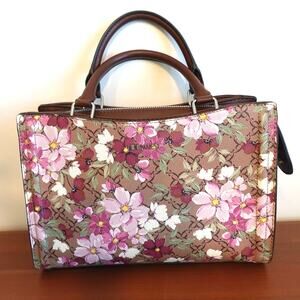 NINE WEST PINK N PURPLEFLORAL/ TAN TOTE PURSE BAG WITH STRAP